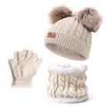 Beige knitted winter set with faux fur pompom hat, warm scarf, and gloves on white background - 3-Piece Set (Hat/Scarf/Gloves) / Beige