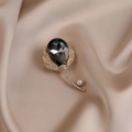 Elegant flower brooch with black faceted teardrop stone and round pearl on champagne silk - 542# Black