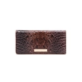 Fashionable dark brown crocodile textured long wallet for women with golden metal clasp - Shell + Tan