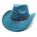 Detail of teal faux suede cowboy hat featuring leopard print band and metal buckle - Lake Blue / M (56-58cm)
