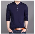 Detail of navy blue slim fit cotton long sleeve shirt with a four-button henley collar - M / Blue