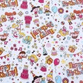 Blue grid birthday gift wrapping paper with cartoon cake and balloon patterns - Cartoon Children