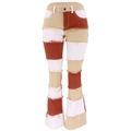 High waisted patchwork flare jeans in white, beige, and brick red with frayed edges - S / Khaki