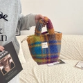Colorful checkered plush tote bag with blue and orange faux fur and top handles - Multi Color Grid