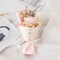 Detail of a pink soap rose bouquet with dried flowers and chic Thank You ribbon wrap - Pink