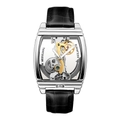 Macro view of skeleton mechanical watch movement with intricate silver and gold gears - Silver Case Black Leather Strap