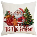 Housse de coussin en lin avec Père Noël et sapin festif, motif Tis The Season imprimé - C'est la Saison