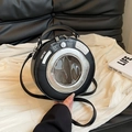 Unique black washing machine style round handbag with silver dial and handle detail - Black