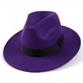 Detail view of purple wool fedora hat with a black ribbon band from a 45-degree angle - M (56-58cm) / Purple