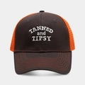 Mesh trucker hat with TANNED and TIPSY 3D embroidery and breathable orange netting - Dark Grey and Orange Brim
