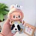 Art doll keychain in brown plush hoodie and blue striped overalls with fish accessory - Dog Fishing / First And Second Generation Keychains Are Compatible With La Cloth Dolls. Dolls Not Included.