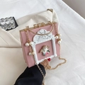 Pink baroque handbag with white angel relief, pearl pendant and gold chain strap - Angel Pink