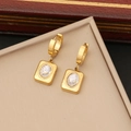 Elegant gold square drop earrings with round clear zircon set in a minimalist frame - Gold Square Inlaid Stone Earrings