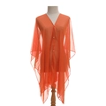 Elegant orange faux silk sheer shawl with delicate pearl buttons and asymmetrical hemline - Orange