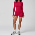 Conjunto de yoga ajustado con top de manga larga y pantalones cortos de cintura alta rojo - S / Rojo Frambuesa-Manga Larga+Shorts