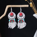 Ethnic drop earrings with red beads and leaf pendants hanging on a vintage branch - Red/Green/Blue Multicolor Accent Tassel Style (E1516-1/Multicolor)