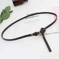 Minimalist slim coffee leather belt with golden double ring buckle for dresses - Dark Coffee