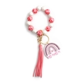 Pink and white silicone beaded Mama keychain wristlet with heart patterns and leather tassel - Watermelon Red (Pure Wood Bead)