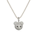 Macro shot of silver ball chain necklace featuring a 3D teddy bear pendant with clear pavé zircons - Platinum White Zirconia