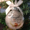Memorial feather ball ornament with Angel in Heaven text for Dad and silver charm - Red Bird + Dad