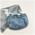 Sweet denim tote bag with white bow prints and lace bow detail in washed blue finish - Blue Denim Bow [With Lace]
