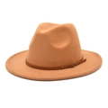 Close-up of camel wool felt fedora featuring a slim brown leather belt and metal buckle - M (56-58cm) / Camel