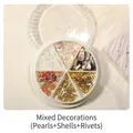6-grid nail art kit with white pearls, iridescent shells, and gold metal accents - Mixed Decor (Pearl+Shell+Stud)
