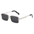Classic silver metal rectangle sunglasses with dark grey lenses and hollow temple tips - Silver Frame Grey Lens