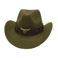 Detail of olive green felt cowboy hat with leather band and brass bull skull emblem - One Size / Army Green (Golden Bull)