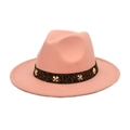 Detail view of pink fedora featuring leopard print band with gold cross metal ornaments - M (56-58cm) / Dusty Pink
