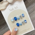 Handmade mermaid ocean style press-on nails with blue aurora gradient and 3D rhinestones - Extra Small (XS)