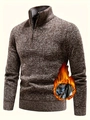 Men's quarter-zip stand collar knit sweater in brown with warm fleece lining - M / Coffee