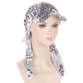 Detail of black and white paisley headscarf cap with brim and adjustable straps - White Paisley
