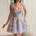 Lavender tulle mini dress featuring 3D floral embroidery and organza ribbon straps - S / Dresses / Light Purple