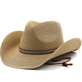 Classic woven straw cowboy hat with rhinestone trim and adjustable wind rope - M (56-58cm) / Khaki