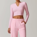 Slim fit light pink long sleeve yoga crop top with matching high waist gym trousers - S / Sakura Pink