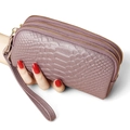 Purple faux crocodile leather long clutch bag with triple zippers and wrist strap - Lotus Root Purple