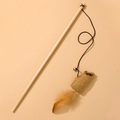 Cat teaser wand with wooden pole, linen mouse toy, brown feathers and small bell - Integrated Mouse