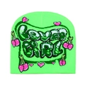Nahaufnahme der Stricktextur mit 'lover girl' Schriftzug und neon-grünen Kirschmustern - M / Fluoreszierendes Grün