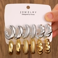 Set di 6 paia di orecchini a cerchio geometrici a C color oro e argento con trama a vite - Set da 2 Cartellini (Oro/Argento Costine Intrecciato)