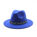Detail of royal blue wool fedora hat featuring beaded leather band and geometric patterns - Blue