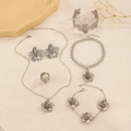 Silver 6-piece floral jewelry set with textured flower necklace, earrings and bracelets - Silver 6-Piece Set: Earrings + Necklace + Bracelet + Bangle + Ring + Anklet