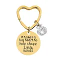 Gold heart keychain with engraved teacher quote and sparkling rhinestone apple charm - JSYZ004 It takes a big heart to help shape little minds / Gold