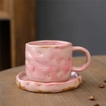 Pink handmade ceramic coffee cup and saucer set with irregular brown speckled glaze finish - Hand-crushed Coffee Cup Set - Pink 270ml / Universal