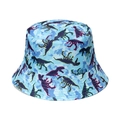 Blue camouflage bucket hat featuring purple dinosaur silhouette patterns for outdoor wear - M (56-58cm) / Light Blue Camo Dinosaur (Q)