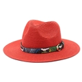 Detail of red straw Fedora hat featuring colorful snakeskin band with golden buckle - M (56-58cm) / Red