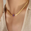 Hip hop gold snake chain necklace featuring a square purple zircon pendant - Purple Zirconia Gold Necklace (P1325)