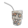 Mini 3oz silver stainless steel tumbler with sparkling rhinestones and metal straw - Tapered Leg / Leopard Print
