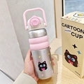 Pink cartoon 600ml insulated stainless steel water bottle with straw and handle - Silver-Cat