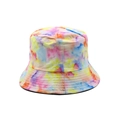 Detailed view of tie-dye cotton bucket hat featuring multi-color swirl and reinforced stitching - One Size / Vibrant Rainbow Tie-Dye (05)